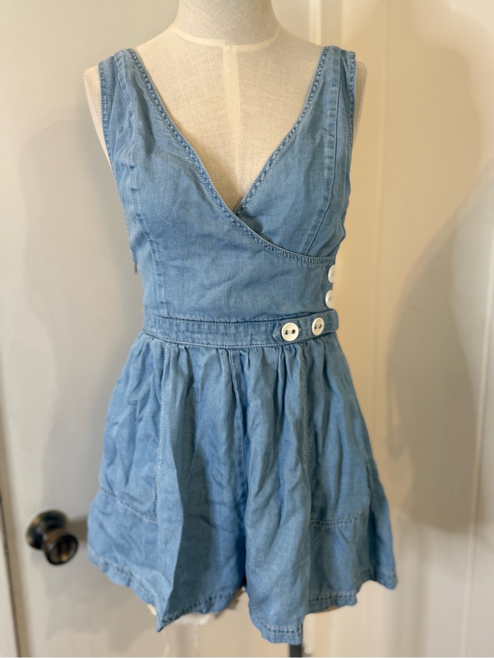 Light Blue Denim Wrap Romper with Button Detail Sz M